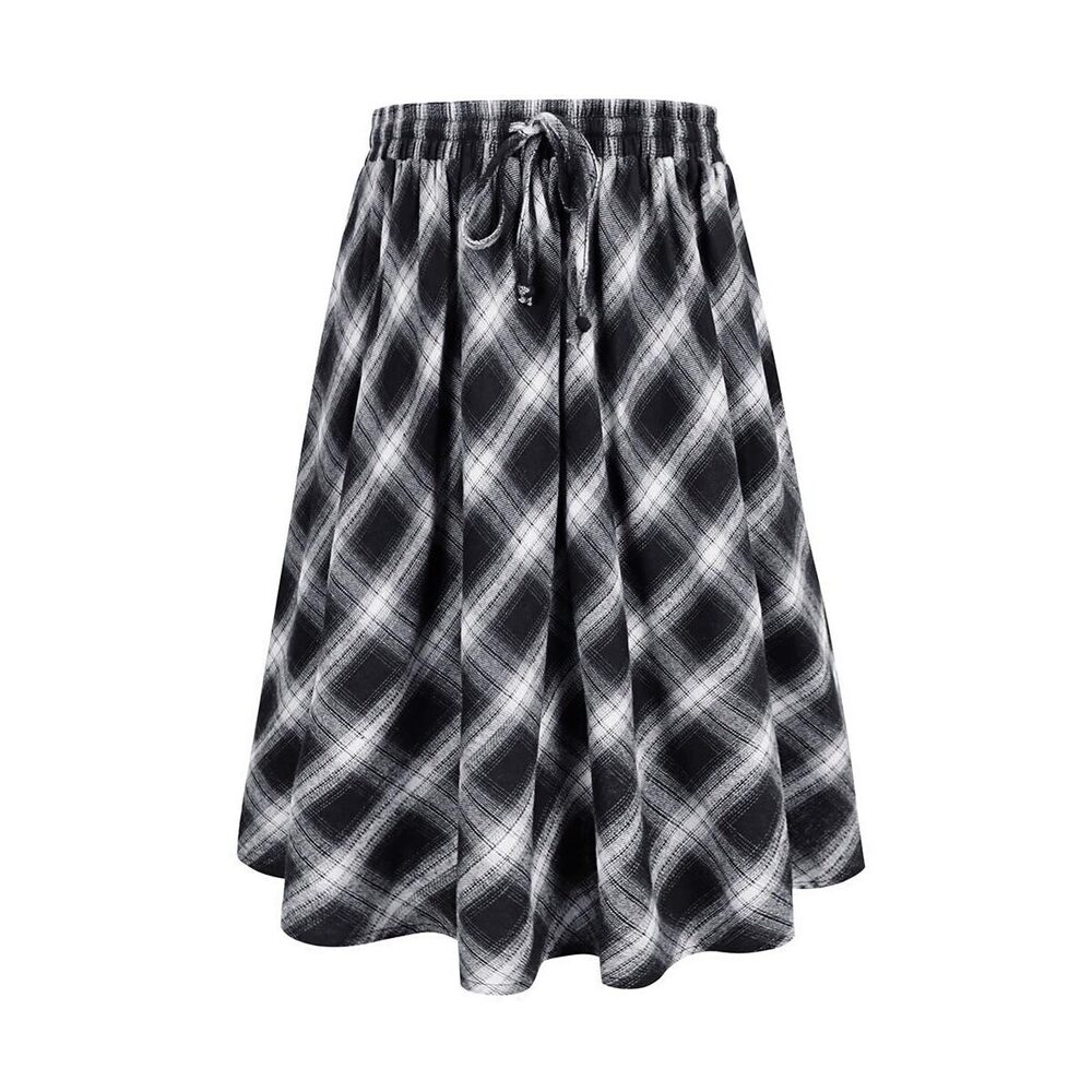 5959 Plus Size Skirts Midi Length Black & White Plaid Pattern Swing Flare